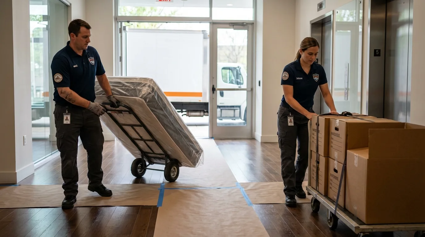 Professional apartment movers loading elevator in Jamestown, TN
