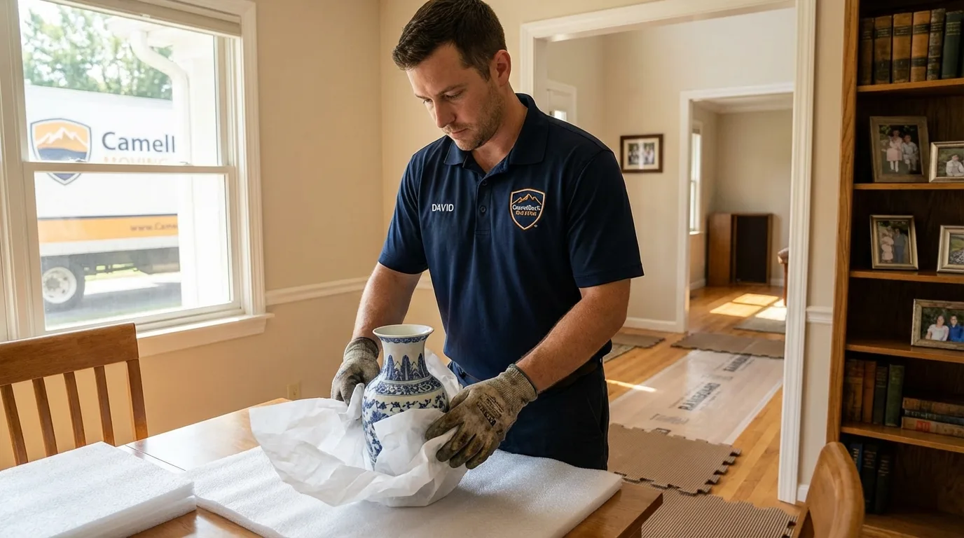 Professional crew carefully wrapping antique vase for senior downsizing move in Jamestown, TN